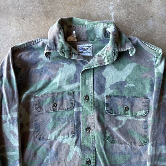 VINTAGE 80S 90S FIVE BROTHER CAMO BUTTON UP SHIRT GREEN OUTDOORS MENS MEDIUM - Picture 2 of 5